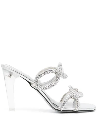 Pre-owned Valentino Garavani Chain 1967 Embellished Slide Sandals In Silver