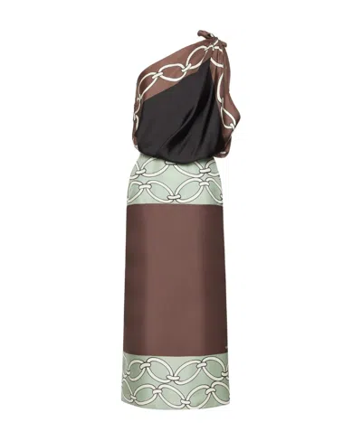 Valentino Chain-print One-shoulder Silk Midi Dress In Brown