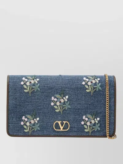 Valentino Garavani Chain Strap Wallet Floral Embroidery Rectangle In Blue