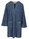 Valentino Vlogo Signature Mini Dress With V-neck And Pockets In Blue
