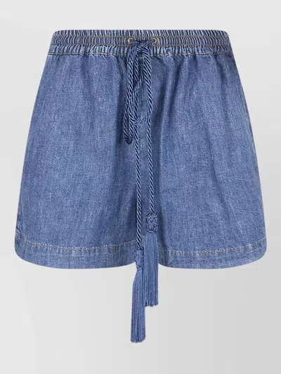Valentino Chambray Denim Shorts Straight Cut Back Pockets In Blue