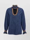 Valentino Womens Embroidered Frilled Cotton-denim Shirt Medium Blue Denim