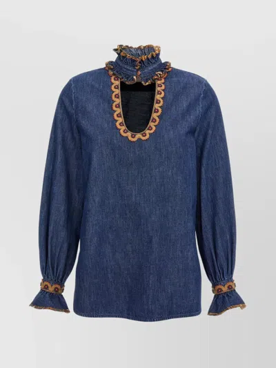 VALENTINO CHAMBRAY DENIM TOP EMBROIDERED RUFFLES