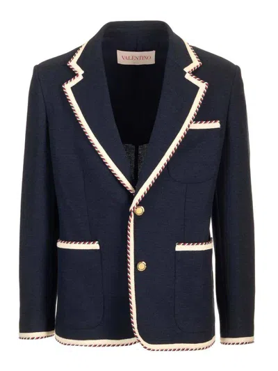 Valentino Single-breasted Jersey Cotton Jacket With Torchon Piping In Blue