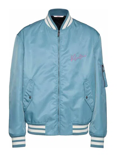 Valentino Nylon Bomber Jacket With Embroidery And Print. In Blue