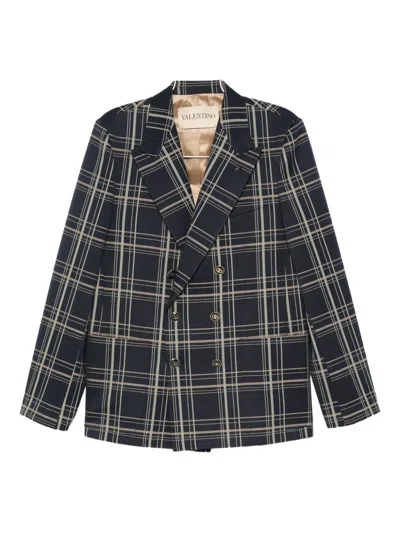Valentino Checked Double-breasted Blazer In Blue