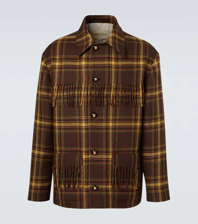 Valentino Checked Fringed Virgin Wool Jacket In Brown