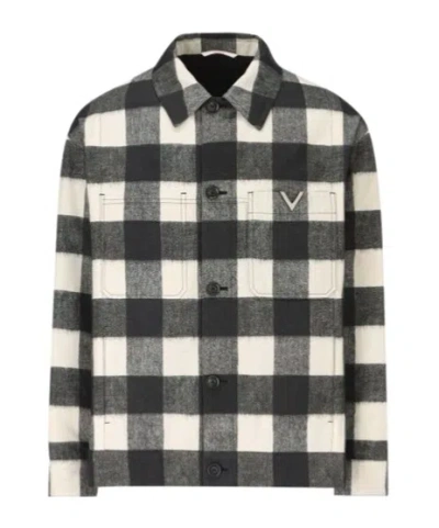 Valentino Checkered Collared Button-up Coat In Black