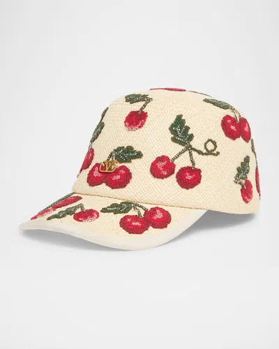 Valentino Garavani Cherries Straw Baseball Cap In Bxx Naturale Rosso Verde Antique Brass