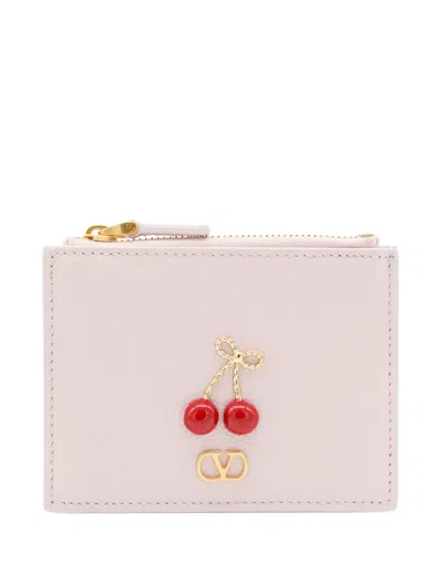 Valentino Garavani Cherry-appliqué Leather Wallet In Pink