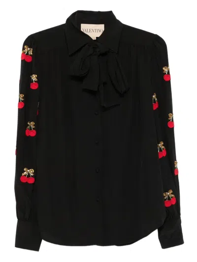 Valentino Cherry-embellished Bow Blouse In Black