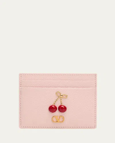 Valentino Garavani Cherry-embellished Leather Card Case In Pink