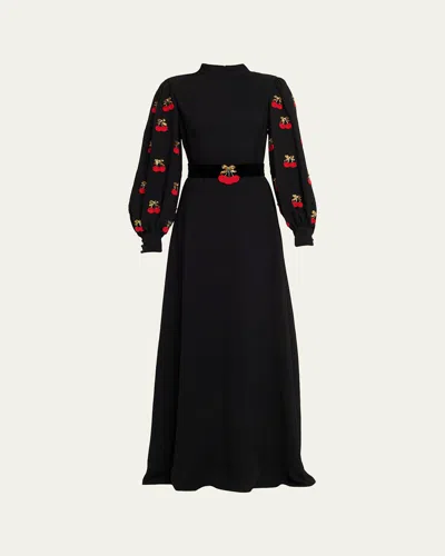 Valentino Garavani Cherryfic Beaded Long Sleeve Silk Gown In Black