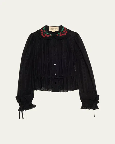 Valentino Cherry Embroidered Daisy Sangallo Self-tie Blouse In Black