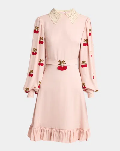 Valentino Cherry Embroidered Georgette Balloon-sleeve Mini Dress In Pink