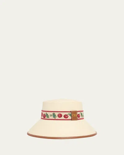 Valentino Garavani Cherry Embroidered Straw Bucket Hat In Brown