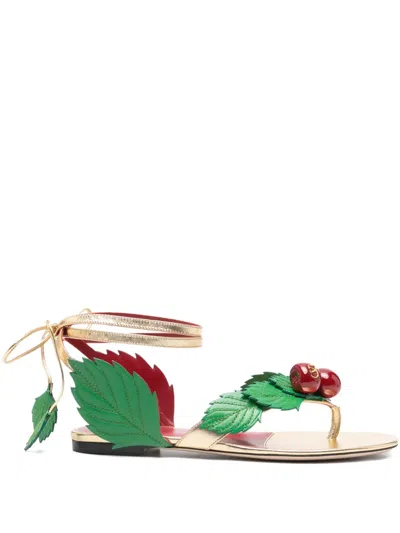 Valentino Garavani Leather Cherryfic Thong Sandals Leaf Ankle Strap In Multi
