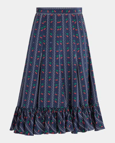 Valentino Cherry Polka-dot Striped Crepe De Chine Skirt