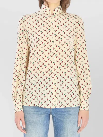 VALENTINO CHERRY PRINT LONG SLEEVE SILK SHIRT