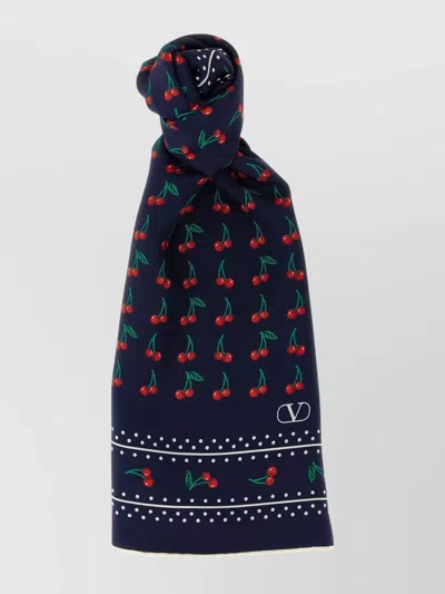 Valentino Cherry Print Polka Dot Border Scarf In Blue