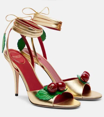 Valentino Garavani Cherryfic 100 Metallic Leather Sandals In Gold