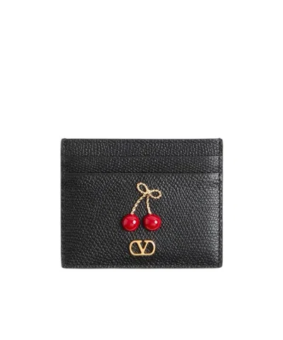 Valentino Garavani Cherryfic Cardholder In Grainy Calfskin In Black