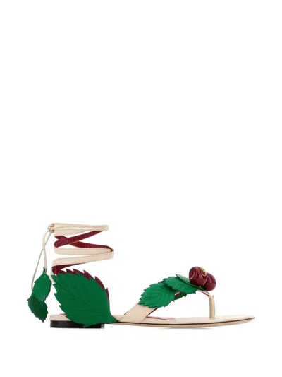 Valentino Garavani Leather Cherryfic Thong Sandals Leaf Ankle Strap In Multi