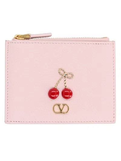 Valentino Garavani Cherryfic Mini Zip Wallet In Grainy Calfskin With A Metal And Enamel Cherryfic Decoration In Pink