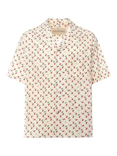 Valentino Cherryfic Camp Collar Cotton Shirt In Neutral
