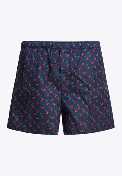 Valentino Cherryfic Print Swim Shorts In Blue