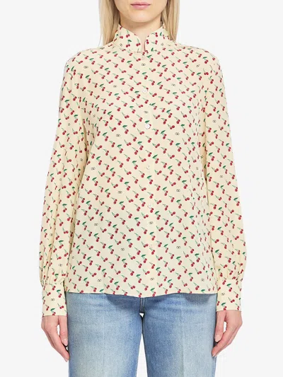 Valentino Cherry Print Long Sleeve Silk Shirt In Neutral