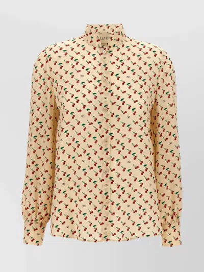 Valentino 'cherryfic' Shirt With Stand Collar And Long Sleeves In Neutral