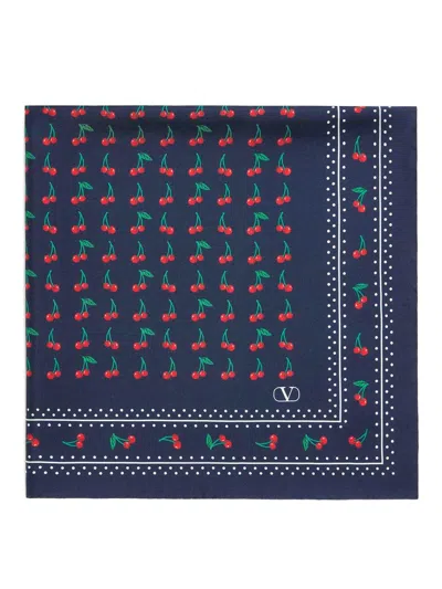 Valentino Cherry Print Polka Dot Border Scarf In Blue
