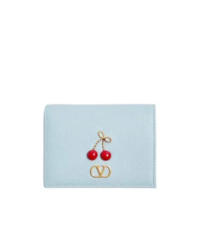 Valentino Garavani Cherryfic Wallet In Grainy Calfskin In Blue