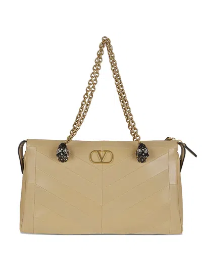 Valentino Garavani Panthea Shoulder Bag In Nappa Leather With Chevron Pattern In Neutral