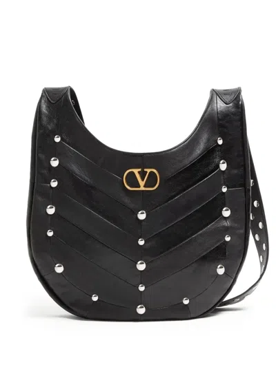 Valentino Garavani Chevron-pattern Stud-embellished Shoulder Bag In Black