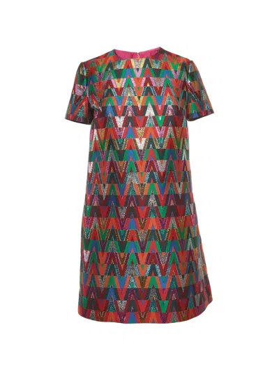 Pre-owned Valentino Chevron Shift Mini Dress In Red