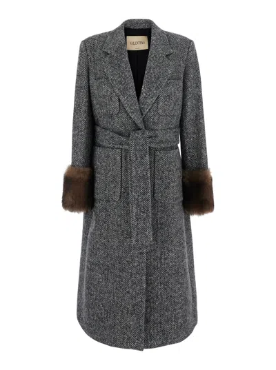 Valentino Chevron Wool With Fur Cuffs Coat In Gray