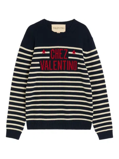Valentino Chez  Wool Striped Sweater In Blue