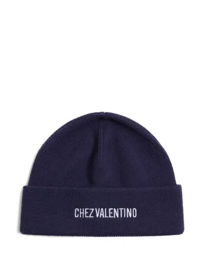 Valentino Garavani Cotton And Wool Blend Beanie With Turn-up Brim In Blue