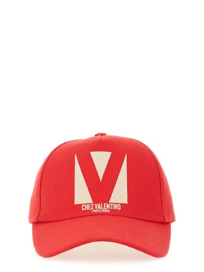 Valentino Garavani Chez Valentino Cotton Baseball Cap With Embroidery In Red
