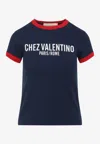 Valentino Crew Neck Cotton T-shirt With Contrast Trim In Blue