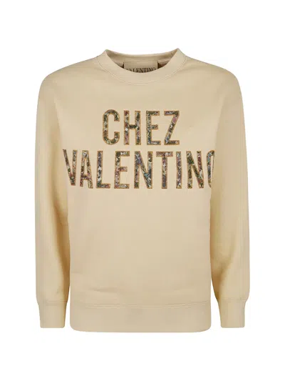 Valentino Crew Neck Sweatshirt Long Sleeve Ribbed Trims In Neutral