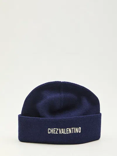 Valentino Garavani Cotton And Wool Blend Beanie With Turn-up Brim In Blue