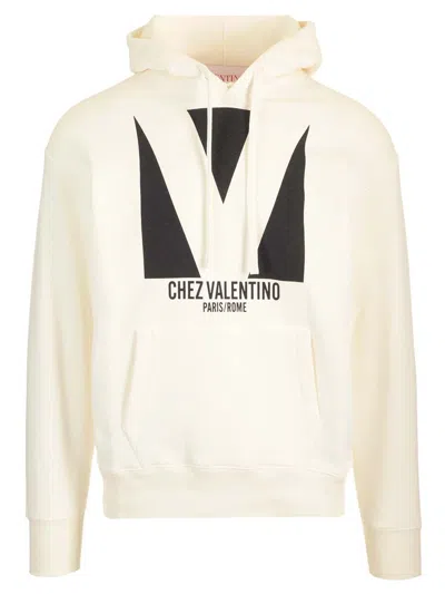 Valentino Ivory Cotton Hoodie With Large Logo In White