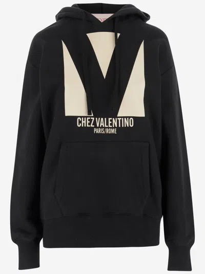 Valentino Garavani Cotton Hoodie With Print In Black