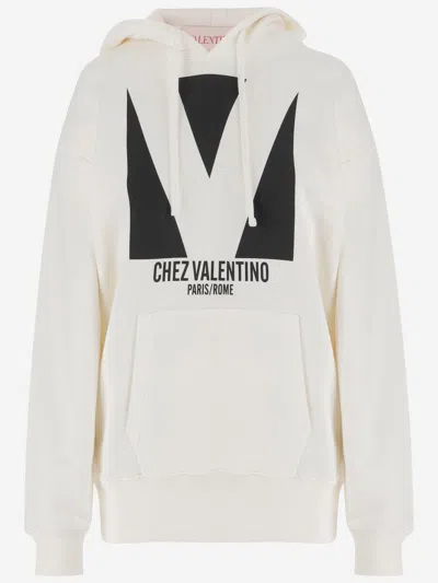 Valentino Ivory Cotton Hoodie With Large Logo In White