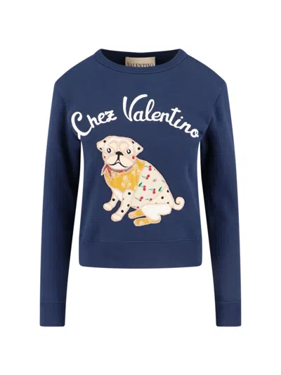 Valentino Dog Design Cotton Sweatshirt In Blue