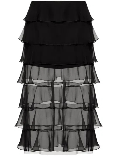Valentino Semi-sheer Chiffon Midi Tiered Skirt In Black