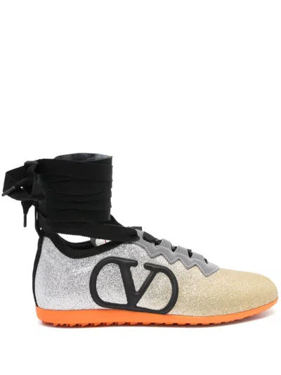 Valentino Garavani Leather Sneakers With Glitter Finish And Ankle Strap In Multicolor